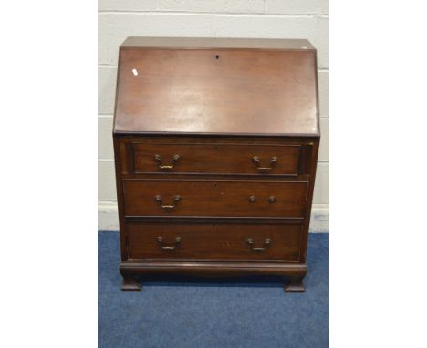 AN EDWARDIAN MAHOGANY BUREAU with a fitted interior three exterior drawers on bracket feet width 76cm x depth 46cm x height 9