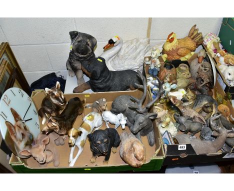 TWO BOXES AND LOOSE ANIMAL AND BIRD SCULPTURES AND ORNAMENTS IN CERAMIC AND RESIN, ETC, including a USSR porcelain figure of 