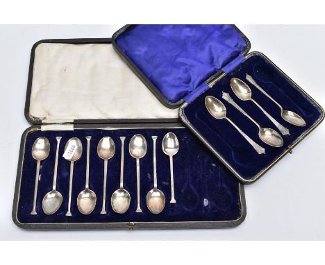 TWO CASED, INCOMPLETE SETS OF TEASPOONS, the first a black rectangular case holding eight plain polished Georgian teaspoons w