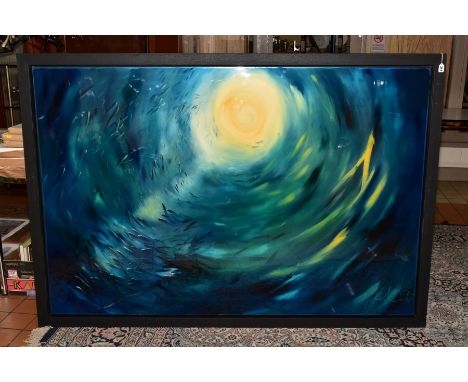 JULIE ANN SCOTT (BRITISH CONTEMPORARY) 'GRACE AS THE OCEAN' a shoal of fish beneath the sun, signed bottom right, signed and 