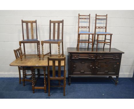 AN OAK BARLEY TWIST GATE LEG TABLE (sd) and four matching chairs, along with an oak geometric sideboard, width 138cm x depth 