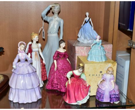 EIGHT VARIOUS FIGURINES, comprising three Royal Doulton 'Panorama' HN3028 (Reflections), height 31.5cm, 'Fair Maiden' HN2434 