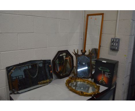 A NEW AND BOXED BANKERS LAMP, together with six various wall mirrors, including a resin antler style dressing mirror, oak oct