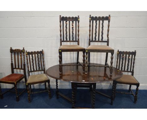 AN EARLY TO MID 20TH CENTURY OAK BARLEY TWIST GATE LEG TABLE (sd) four similar chairs and another chair (sd to one chair) (6)