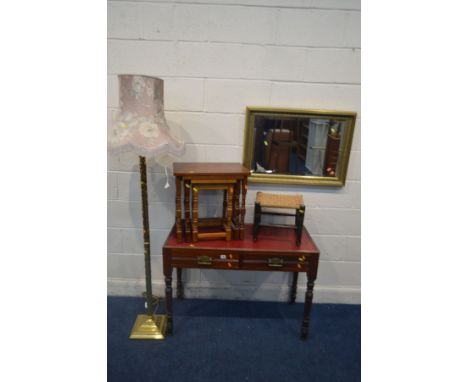 AN EDWARDIAN MAHOGANY SIDE TABLE, with two drawers, width 101cm x depth 46cm x height 70cm, along with an oak nest of three t