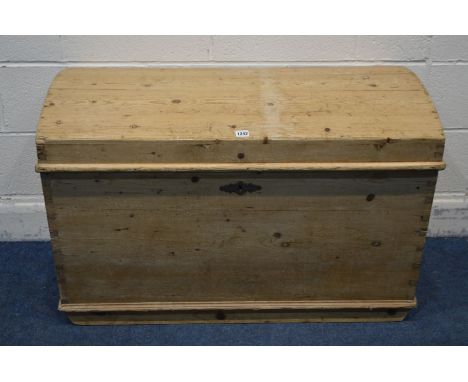 A VICTORIAN PINE DOMED TOP TRUNK, with twin brass handles, width 100cm x depth 59cm x height 66cm