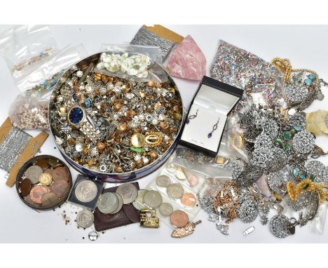 A BOX OF MISCELLANEOUS ITEMS, to include a box of old British and continental coins such as a cased Elizabeth II 1953 five sh