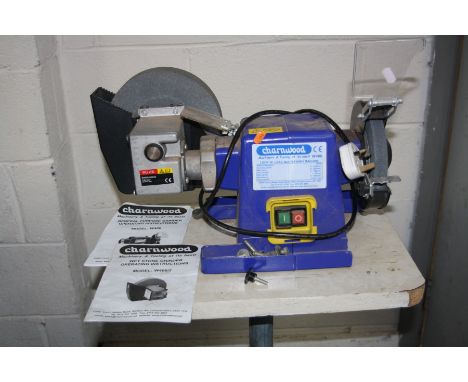 A CHARNWOOD W406 BENCH GRINDER with a WG200 Wet stone grinder attachment , gouge cutting guide on wheeled stand (PAT pass and