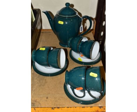 A DENBY GREENWICH TEASET FOR SIX, comprising tea cups, saucers and teapot (Condition:- Signs of light use, no chips or cracks