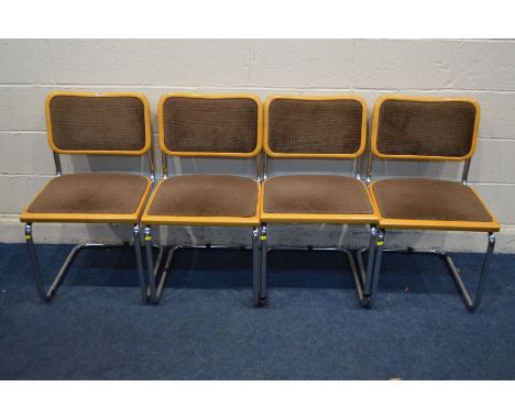 A SET OF FOUR MARCEL BREUER STYLE, MODEL CESCA BEECH AND CHROME DINING CHAIRS