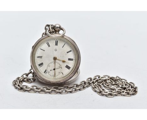 A SILVER OPEN FACED POCKET WATCH WITH ALBERT CHAIN, the pocket watch with a circular white dial, roman numerals, seconds subs