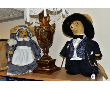 A PAIR OF NOVELTY HESSIAN MICE DOORSTOPS, dressed as a gentleman and maid, tallest height approximately 44cm, together with a