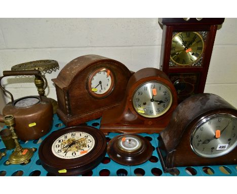 CLOCKS AND METALWARES, to include Smiths chiming mantel clock, winds and chimes, runs briefly, highlands bracket clock, winds