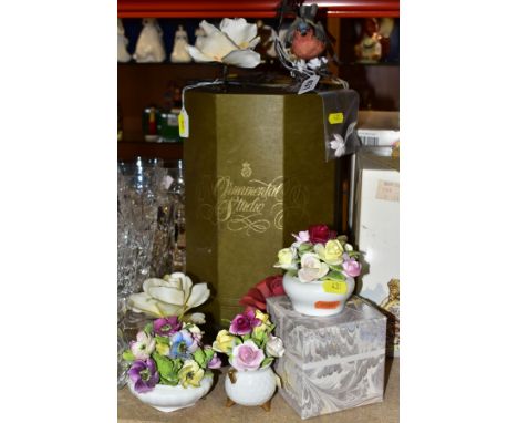 TWO BOXED ROYAL WORCESTER BRITISH BIRDS ON  BRONZE FIGURES OF 'CHAFFINCH' AND 'MARSH TIT', together with seven floral ornamen