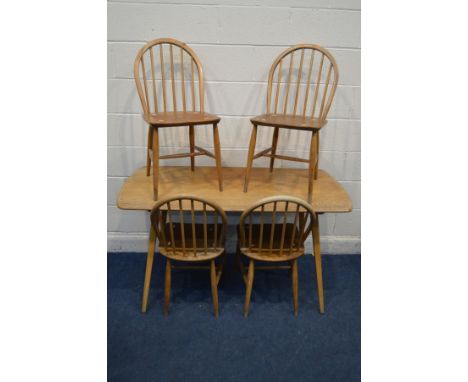AN ERCOL MODEL 382 BLONDE ELM AND BEECH REFECTORY TABLE, on square tapering legs, length 138cm x depth 71cm x height 72cm and