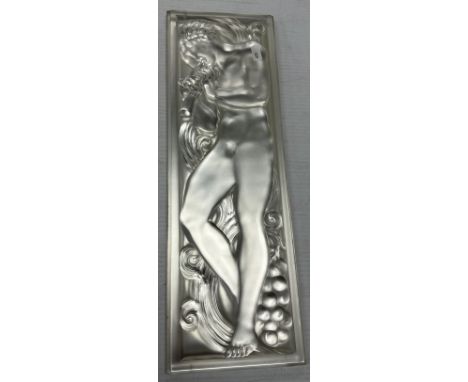A Lalique frosted glass panel "Jouer de Pipeau" (left side) with incised inscription "Lalique France" lower right, 45.5 cm x 