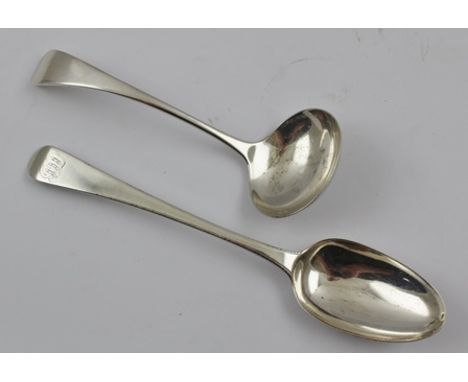 RICHARD CROSSLEY A GEORGE III SILVER TABLE SPOON, monogrammed, London 1782, together with a SILVER SAUCE LADLE, combined weig