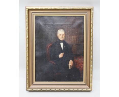 19TH CENTURY BRITISH SCHOOL A portrait of a scholarly gentleman in his study, Oil on canvas, 40cm x 30cm, in an ornate gilt f