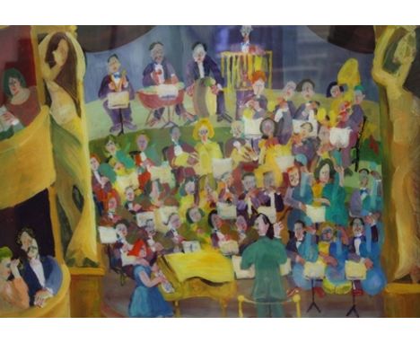 MIKE BECKET (1946- ) "The Recital", a full orchestra performing, a lady playing the piano near the Conductor, full auditorium