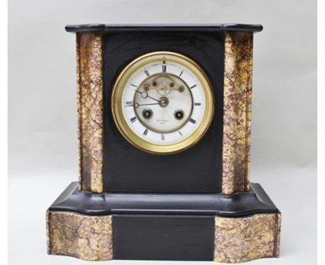 A FRENCH 19TH CENTURY BLACK SLATE AND MARBLE MANTEL CLOCK, the dial with outside count wheel, inscribed 'Hry Marc Paris', 26.