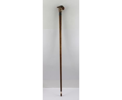 A WALKING STICK WITH A CARVED WOOD PARROT HEAD HANDLE, remains of original paint, inset glass eyes, c.1900, 83cm 