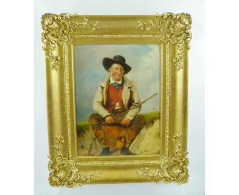 19TH CENTURY SCHOOL "Peasant Worker" wearing a broad brimmed hat, seated on a bank with walking stick, earthenware bottle and