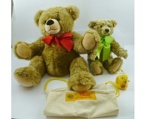 A STEIFF MOHAIR TEDDY BEAR, pale green colour, fitted "growler", with button and yellow tag in ear, 33" tall, attached origin