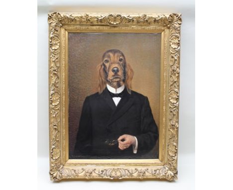 THIERRY PONCELET A Portrait depicting the head of a Red Setter set squarely on human shoulders, wearing a black dinner jacket