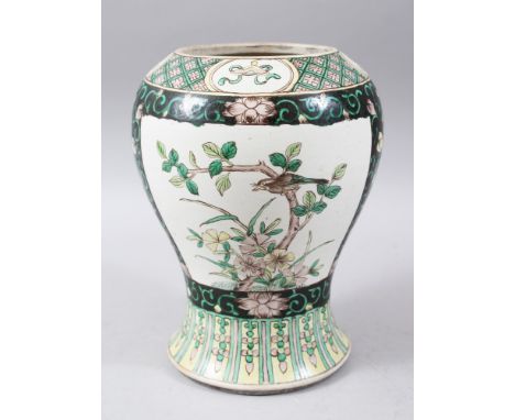 A GOOD CHINESE 19TH CENTURY FAMILLE VERTE AND BISCUIT PORCELAIN JAR, with panel decoration depicting birds amongst flora, the