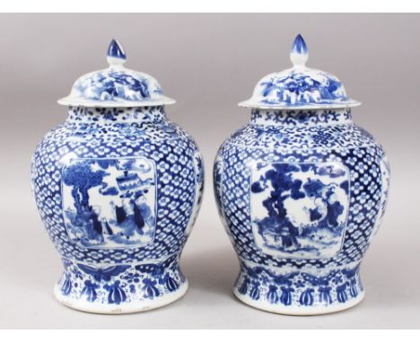 A PAIR OF 19TH CENTURY CHINESE BLUE &amp; WHITE PORCELAIN GINGER JARS &amp; COVERS, the body of the jars with four panels eac