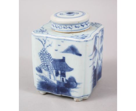 AN EARLY 18TH CENTURY CHINESE BLUE &amp; WHITE PORCELAIN TEA CADDY &amp; COVER,  the body of the square form caddy decorated 