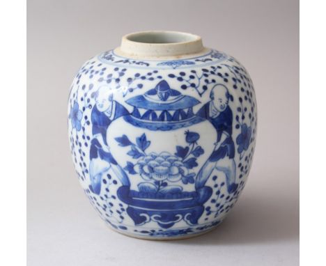 A 19TH CENTURY CHINESE BLUE &amp; WHITE PORCELAIN GINGER JAR,  decorated with scenes of boys, birds and floral displays, the 