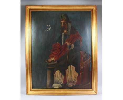 A LATE 19TH CENTURY PERSIAN QAJAR THREE QUARTER LENGTH OIL PORTRAIT OF A RULER, 90cm x 70cm.