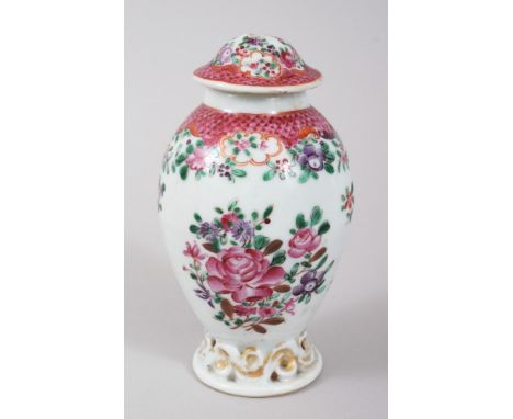 A GOOD 18TH CENTURY CHINESE EXPORT FAMILLE ROSE PORCELAIN TEA CADDY, decorated with scenes of native flora, and gild moulded 