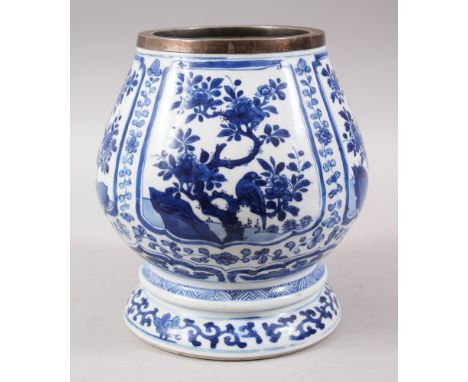 A CHINESE BLUE &amp; WHITE KANGXI PORCELAIN BULB SHAPED VASE, the body with various panels of birds amongst native flora, sur