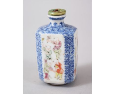 A 19TH CENTURY CHINESE DAOGUANG BLUE &amp; WHITE FAMILLE ROSE PORCELAIN SNUFF BOTTLE, the square formed snuff bottle with pan