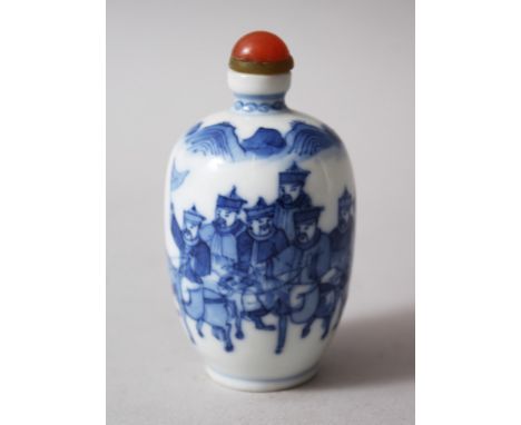 AN 18TH CENTURY CHINESE BLUE &amp; WHITE PORCELAIN SNUFF BOTTLE, the decoration of eight immortals in horse drawn carriage in