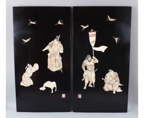 A PAIR OF JAPANESE MEIJI PERIOD SHIBAYAMA IVORY INLAID PANELS, the panels with carved &amp; stained ivory and mother of pearl