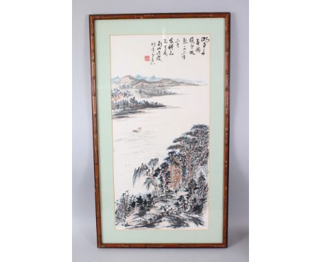 A 19TH CENTURY CHINESE FRAMED HANGING SCROLL WATER COLOUR, depicting a lakeside setting, the upper right section with artist 