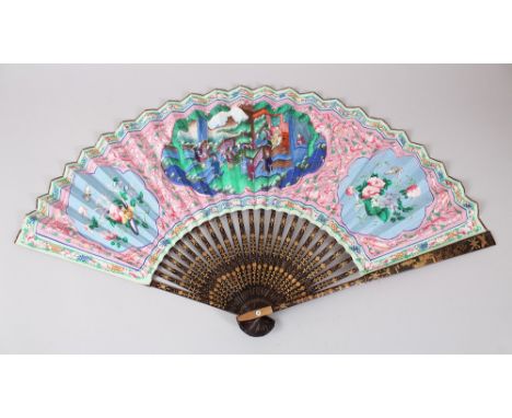 A 19TH CENTURY CHINESE CANTONESE LACQUERED WOOD &amp; PAINTED PAPER FAN, the interior decorated with scenes of figures amongs