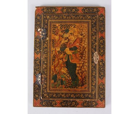 A VERY FINE PERSIAN QAJAR LACQUERED PAPIER MACHE MIRROR FRAME, the front opens like a door with an a man feeding doves (note;