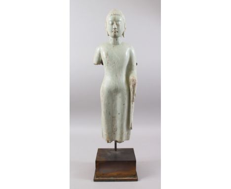 A GOOD CHINESE 19TH CENTURY OR EARLIER CARVED JADE FIGURE OF A BUDDHA, the large carved buddha has been later mounted on a fi