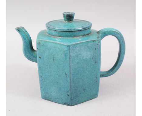 A LARGE &amp; GOOD QUALITY CHINESE TURQUOISE GROUND HEXAGONAL YIXING CLAY TEAPOT, possibly kangxi period, the lid with a vent