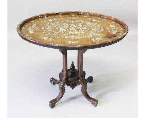 A GOOD 19TH CENTURY CHINESE HARDWOOD &amp; INLAID ABALONE SHELL TABLE, the top of oval form and profusely inlaid with abalone