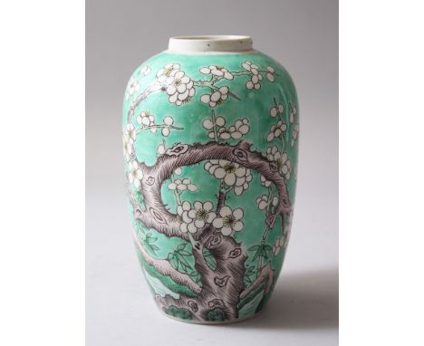 A GOOD 19TH CENTURY CHINESE KANGXI STYLE GREEN GROUND PORCELAIN VASE, the body depicting birds within trees, 19.5cm high x 12