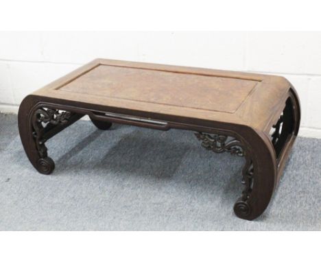 A GOOD 19TH CENTURY CHINESE HARDWOOD OPIUM / LOW TABLE, with scrolling sides met by open end paneling, the sides with dragon 