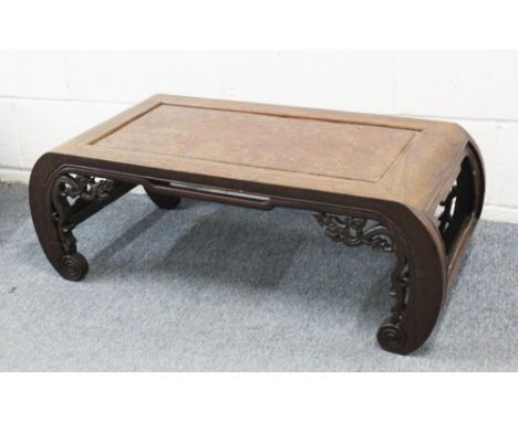 A GOOD 19TH CENTURY CHINESE HARDWOOD OPIUM / LOW TABLE, with scrolling sides met by open end paneling, the sides with dragon 