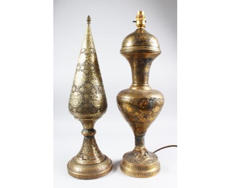 TWO 19TH CENTURY PERSIAN QAJAR CHASED BRASS PIECES, one converted to a lamp.