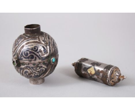 TWO RARE 12TH-13TH CENTURY PERSIAN SELJUK NIELLO INLAID ITEMS, amulet 6cm long and turquoise inset bead 6cm.