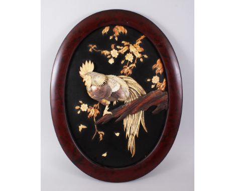 A GOOD QUALITY JAPANESE MEIJI PERIOD SHIBAYAMA FRAMED PANEL, depicting a cockerel sat upon a tree branch surrounded by flora,